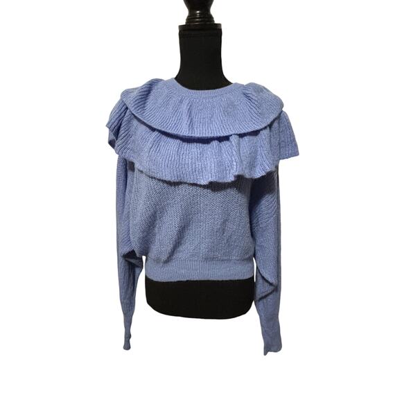 Zara NWOT Ruffled Sweater S Blue Long Sleeves Chunky Knit Crop Pullover Crochet - Picture 2 of 7